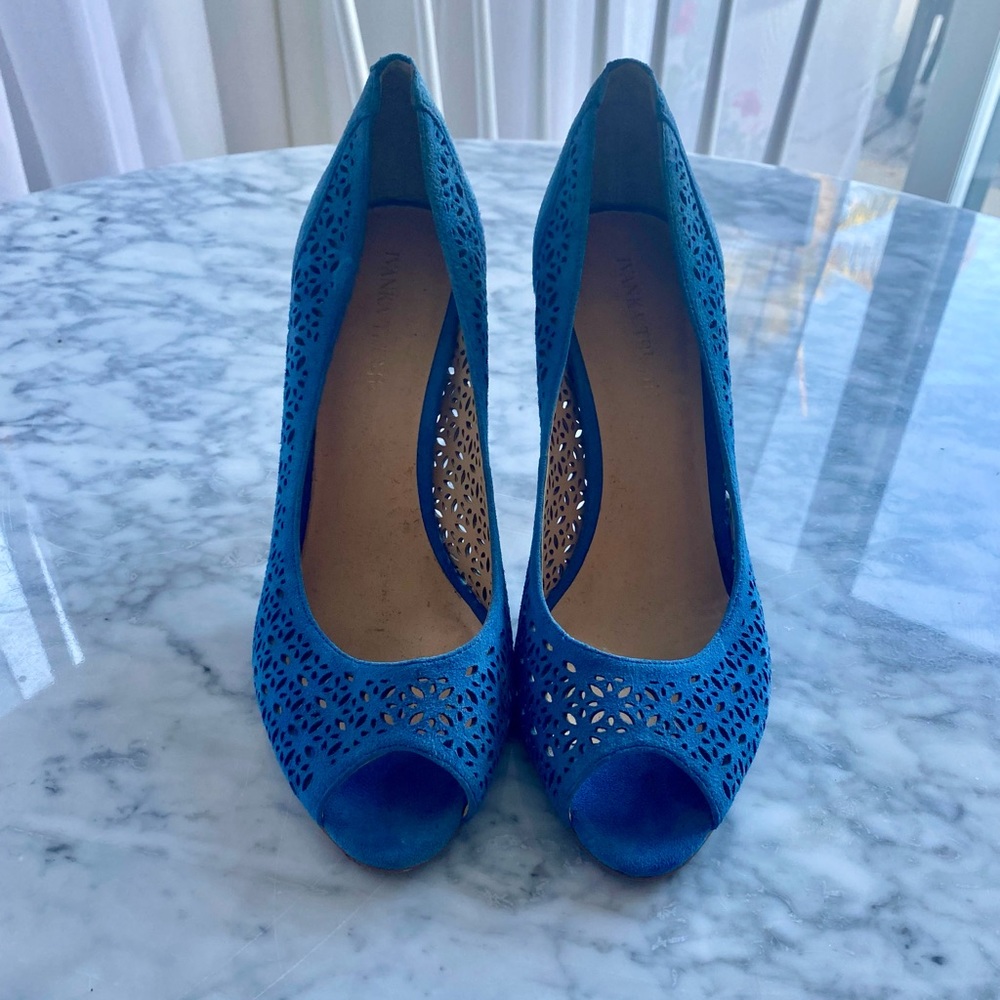 BLUE SUEDE Cutout Peep Toe Heels by Ivanka Trump